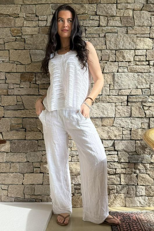 Benji Linen Panel Wave Vest White - 